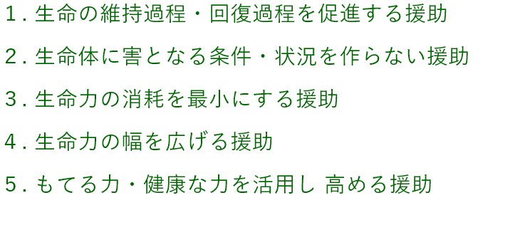 １. 生命の維持過程・回復過程を促進する援助２. 生命体に害となる条件・状況を作らない援助３. 生命力の消耗を最小にする援助４. 生命力の幅を広げる援助５. もてる力・健康な力を活用し 高める援助